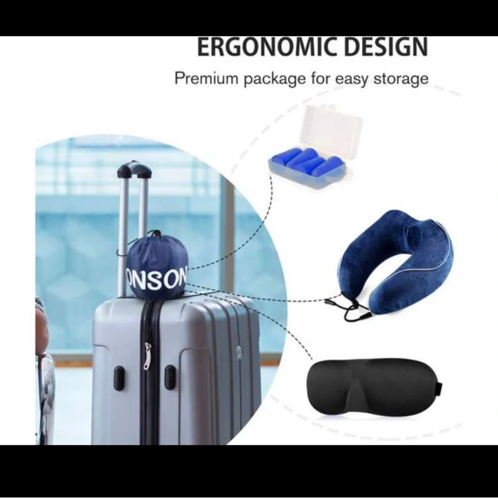 NWT ONSON Travel Pillow, Eye Mask, fEar Plugs w Travel Bag, 100% PURE MEMORY FOA